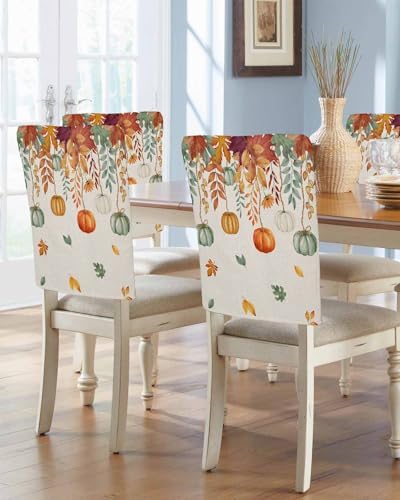 Thanksgiving Pumpkin Chair Back Covers Set of 8 Orange Green White Maple Leaves Vintage Linen Texture Washable Removable Chair Cover Slipcover Protector for Dining Room Hotel Party Holiday Decor