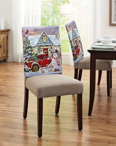 Christmas Snowman Chair Back Covers Set of 8 Winter Snowflake Tree Truck Light Warm House Washable Removable Chair Cover Slipcover Protector for Dining Room Hotel Party Holiday Decor