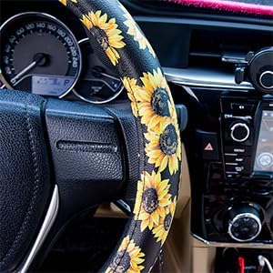 Evankin Sunflower Steering Wheel Cover Cute and Handmade,Leather Universal Steering Wheel Cover 15 inch, Fashionable Boho Sunflower Car Accessories for Women,Top Girl Car Accessories