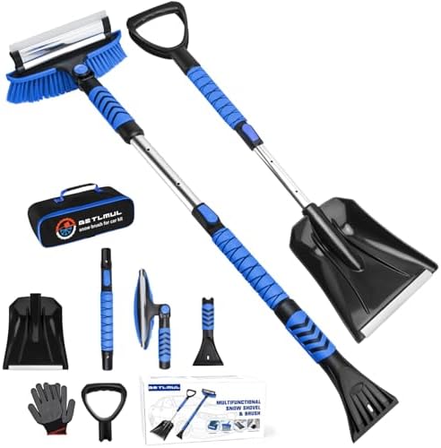 Blue Car Snow Brush and Shovel Kit, 42" Extendable Ice Scraper with 180° Pivoting Head & Ergonomic Grip - 39" Collapsible Emergency Snow Shovel for Car, SUV, Truck