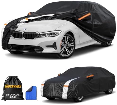 BMW 3 Series Car Cover 100% Waterproof All Weather, Gift with Towel, 10 Layers Sedan Car Cover Custom Fit 2005-2026 BMW 320i/325i/328i/330i/335i, Outdoor Covers Rain Sun UV Protector with Door Zipper.