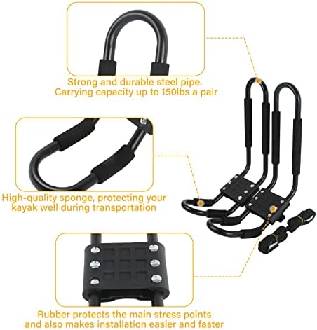 PIRIPARA Kayak Roof Rack 2 Pairs J-Bar Carrier Holder for Canoe, SUV, Cars, Truck, Surf Ski, Car Top Mount Racks for Trip, Set of 4