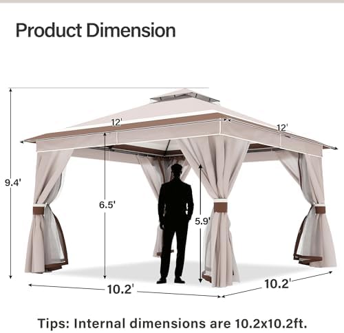 LAUSAINT HOME 12x12 Gazebo with Lights, Netting, Curtains & Double Roof