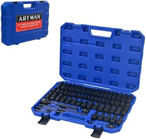 67-Piece Impact Socket Set 3/8 Inch Drive, Deep and Shallow Sockets with 72-Tooth Ratchet, Extension Bars, Universal Joints, CR-V Heavy Duty Mechanic Tool Kit with Case, Black&Blue