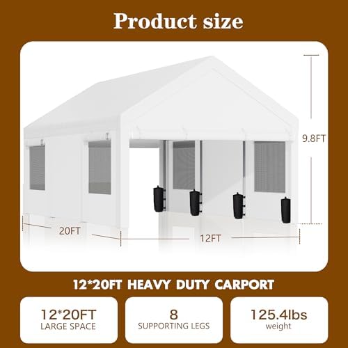 Nuturelly 12x20 Heavy Duty Carport, Portable Garage for Truck SUV, White