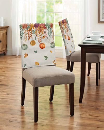 Thanksgiving Pumpkin Chair Back Covers Set of 4 Orange Green White Maple Leaves Vintage Linen Texture Washable Removable Chair Cover Slipcover Protector for Dining Room Hotel Party Holiday Decor