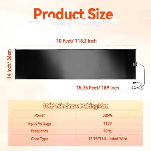 JOJOCY 10FT*14IN Snow Melting Mats, Outdoor Heated Mats Anti-Slip Winter Rubber Ice Melting Mat Electric Snow Removal for Stairs, Walkways, Backyards, Roof, Drainpipe