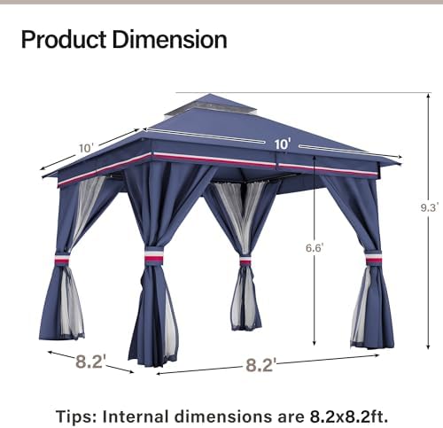 LAUSAINT HOME 10x10 Gazebo with Lights, Netting, Curtains & Double Roof