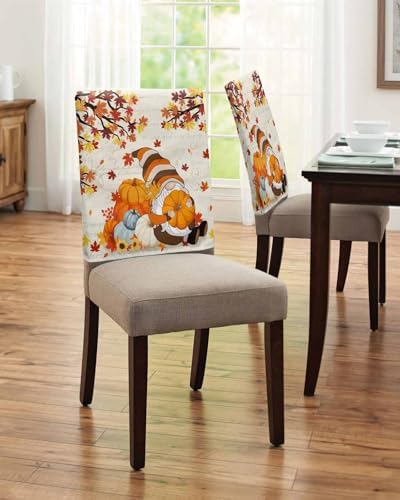Thanksgiving Cute Gnome Chair Back Covers Set of 6 Fall Pumpkin Maple Leaf Sunflower Retro Text Bottom Washable Removable Chair Cover Slipcover Protector for Dining Room Hotel Party Holiday Decor