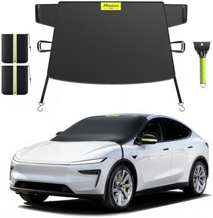 Nmoiss Windshield Snow Cover for Ice & Snow Frost Tesla Model Y/Model 3 — Tailored 3-in-1 Frost & Ice Shield with Mirror Covers & Ice Scraper, Waterproof 600D Oxford + Windproof Design Large Size