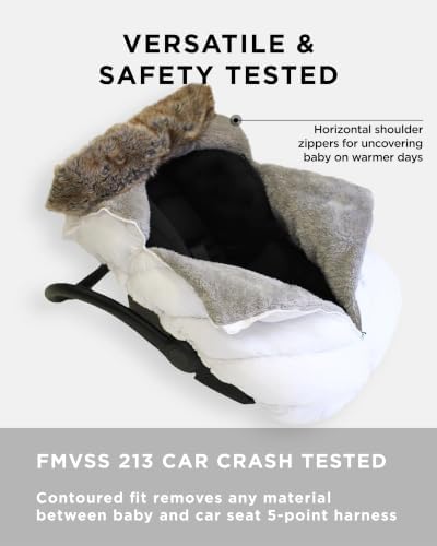 7AM Enfant Car Seat Covers - Cocoon Baby Cover for Boys & Girls, Rain & Snow Repellent, Breathable Windproof, Center Zipper, Universal Fit for Infant Car Seat (0-12M) (White Faux Fur)