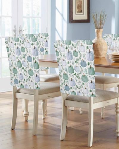 Blue White Pumpkin Chair Back Covers Set of 4 Sage Green Fall Leaf Thanksgiving Harvest Farm Washable Removable Chair Cover Slipcover Protector for Dining Room Hotel Party Holiday Decor