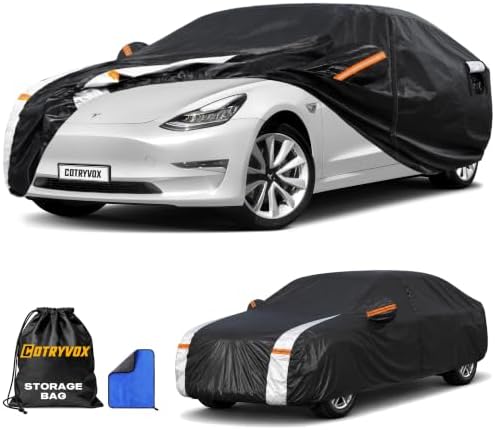 Multi-Layer Custom Fit Car Cover for Tesla Model 3 (2017-2026), Upgraded Waterproof All-Weather Full Exterior Cover with Charging Port and Door Zipper, for Snow Rain Dust and Sun UV Protection-Black.