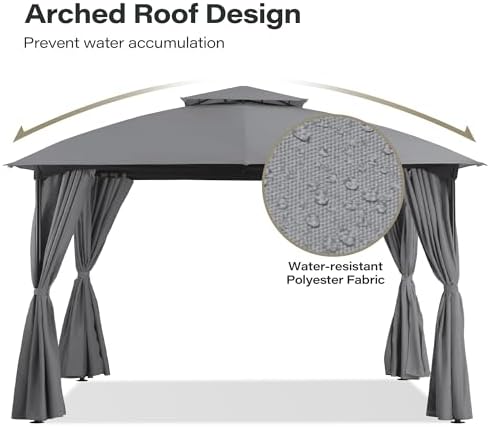 LAUSAINT HOME 10'x10' Patio Arc Gazebo, Outdoor Canopy Tent with Curved Roof Design, Double Tier Top, Privacy Curtains & Wind-Resistant Ropes, Backyard Garden Lawn, Gray