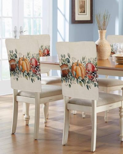 Thanksgiving Pumpkin Chair Back Covers Set of 8 Football Helmet Eucalyptus Leaf Linen Watercolor Washable Removable Chair Cover Slipcover Protector for Dining Room Hotel Party Holiday Decor
