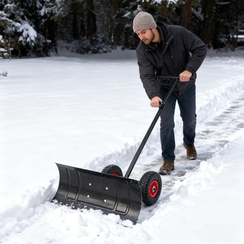 Cinnvoice 29" Snow Pusher Shovel with Wheels, Heavy Duty Adjustable Angle Metal Rolling Wheeled Snow Pusher Removal, Plow Shovel on Wheels for Driveway, Sideway, Walkway, Yard, Garage, Snowy Ways