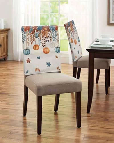 Thanksgiving Pumpkin Chair Back Covers Set of 6 Orange Blue White Maple Leaves Vintage Linen Texture Washable Removable Chair Cover Slipcover Protector for Dining Room Hotel Party Holiday Decor