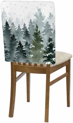 Misty Foggy Trees Chair Back Covers Set of 6 Winter Forest Christmas Snowflake Dark Green Washable Removable Chair Cover Slipcover Protector for Dining Room Hotel Party Holiday Decor