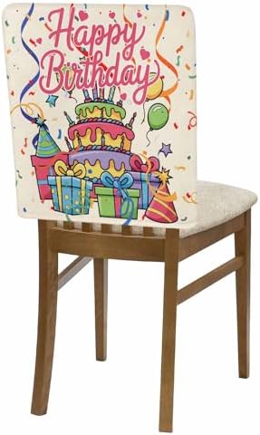 Happy Birthday Chair Back Covers Set of 4 Birthday Cake Gift Ribbon Balloon Modern Style Washable Removable Chair Cover Slipcover Protector for Dining Room Hotel Party Holiday Decor