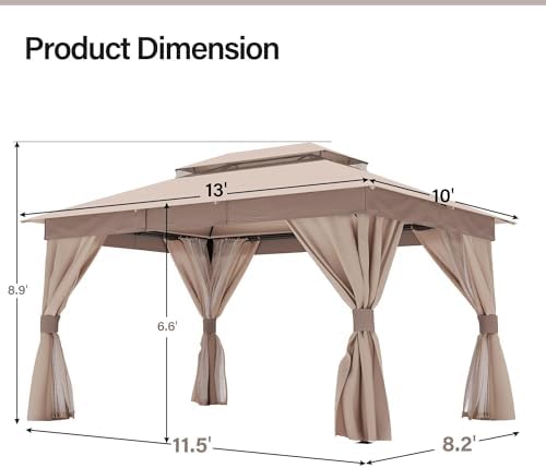 LAUSAINT HOME 10x13 Gazebo Canopy with Netting, Curtains & Double Roof