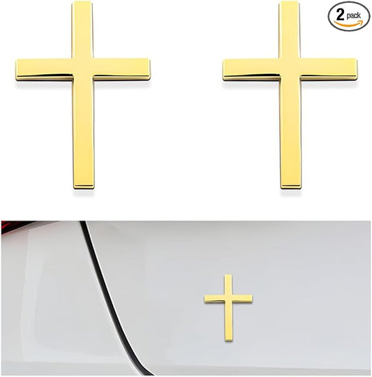 DXNQ 2PCS Metal Jesus Christ Cross Badge Stickers, 2.5"×1.8" Alloy 3D Individual Car Cross Sticker, Self Adhesive Scratch Covering Cross Emblem Decal for Car Body Fender Tail (Golden+Golden)