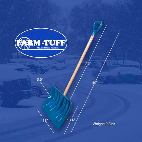 Farm-TUFF Heavy Duty Multi-Purpose Shovel - Snow, Barn, Grain, Industrial Use - Large Non-Stick Blade & Ash Hardwood D-Grip Handle - Durable & Lightweight Utility Scoop - Blue, 18in