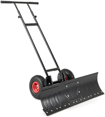 Goplus 36” Wide Snow Pusher, Heavy-Duty Metal Snow Shovel with Wheels