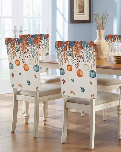 Thanksgiving Pumpkin Chair Back Covers Set of 8 Orange Blue White Maple Leaves Vintage Linen Texture Washable Removable Chair Cover Slipcover Protector for Dining Room Hotel Party Holiday Decor