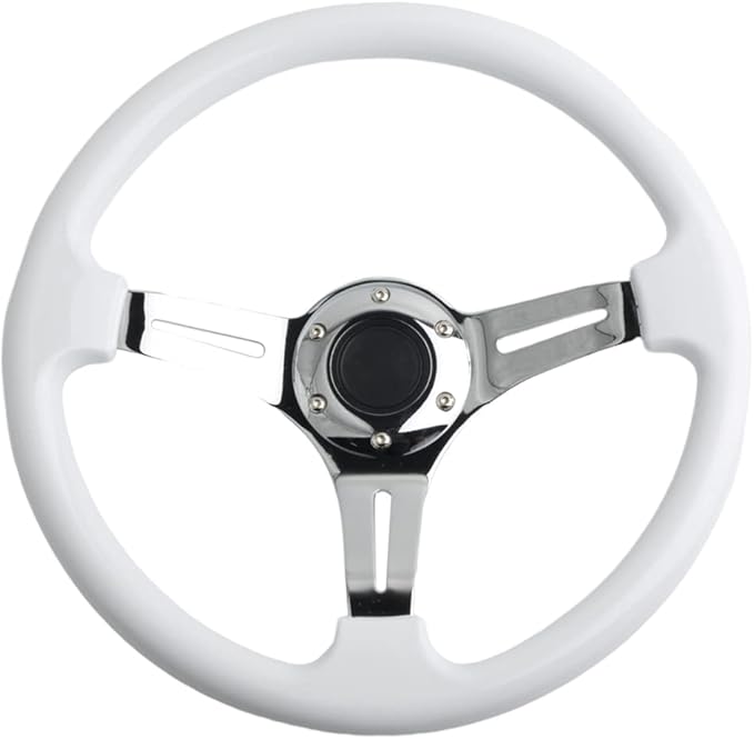 Classic White Car Racing Steering Wheel Chrome Silver Spokes 350mm 13.5" Sports Wood Steering Wheel 6 Bolts Deep Dish With Horn Button