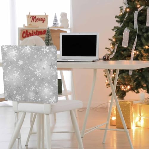 Grey Christmas Snowflake Chair Back Covers Set of 8 Winter Shinny White Stars Retro Washable Removable Chair Cover Slipcover Protector for Dining Room Hotel Party Holiday Decor