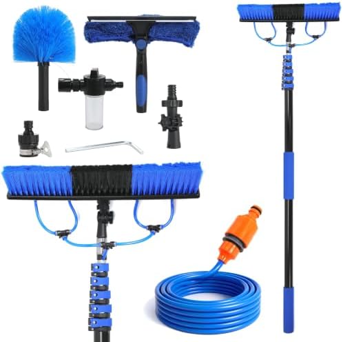 Solar Panel Cleaning Brush Kit with 5-24FT Telescopic Pole Water Fed Brush Window Gutter Cleaning Tool 20'' Wide Brush,Soap Dispenser, Squeegee & Cobweb Duster for Roof RV Deck Snow Removal