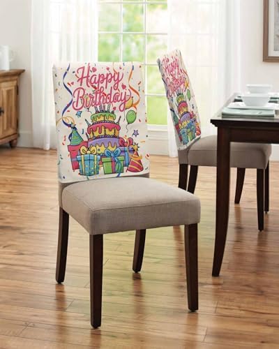 Happy Birthday Chair Back Covers Set of 4 Birthday Cake Gift Ribbon Balloon Modern Style Washable Removable Chair Cover Slipcover Protector for Dining Room Hotel Party Holiday Decor