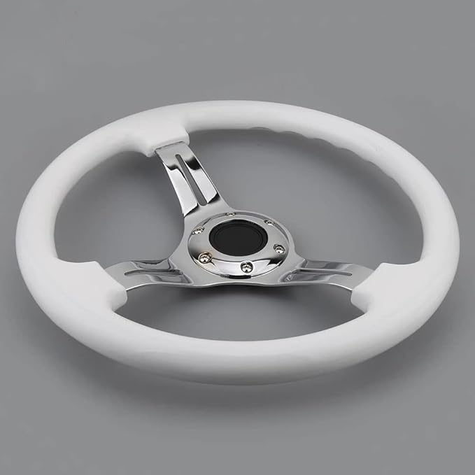 Classic White Car Racing Steering Wheel Chrome Silver Spokes 350mm 13.5" Sports Wood Steering Wheel 6 Bolts Deep Dish With Horn Button