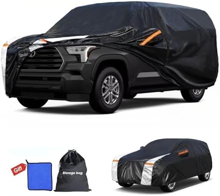 10 Layers Car Cover Custom Fit for Toyota Sequoia 100% Waterproof All Weather Automobiles, Gift with Towel, Heavy Duty Car Covers for Rain Sun UV Protection with Door Zipper.