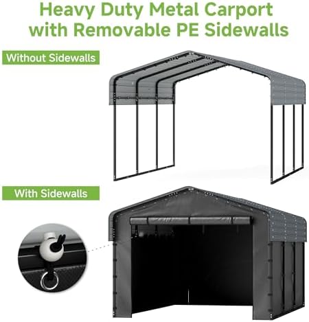 10x15 FT Heavy Duty Metal Carport with Removable Sidewalls, Gray