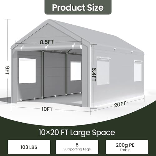 Reinforced 10x20 Carport, Wind-Resistant Canopy with Sidewalls & Doors