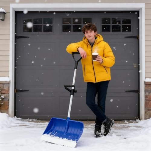 Heavy Duty Snow Shovel with D-Grip Handle Aluminum Strip Ergonomic Design for Driveway Car Garage and Home Garden Outdoor Use (Black)