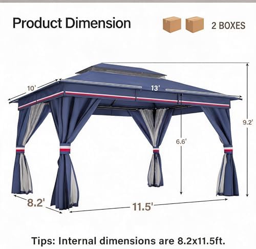 LAUSAINT HOME 10x13 Gazebo Canopy with Netting, Curtains & Double Roof