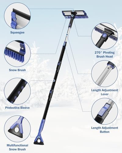 JOYTUTUS 47” Car Snow Brush, 4 in 1 Extendable Auto Car Snow Removal Broom Brush with Squeegee, 270° Foam Grip Car Retractable Snow Shovel with Durable Ice Scraper and Gift Gloves for Car SUV, Blue.
