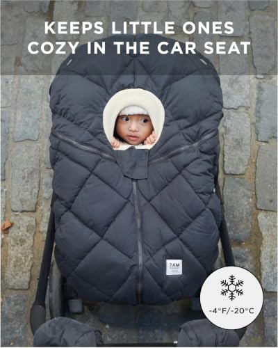 7AM Enfant Car Seat Covers - Cocoon Baby Cover for Boys & Girls, Rain & Snow Repellent, Breathable Windproof, Center Zipper, Universal Fit for Infant Car Seat (0-12M) (Smokey Quilted)