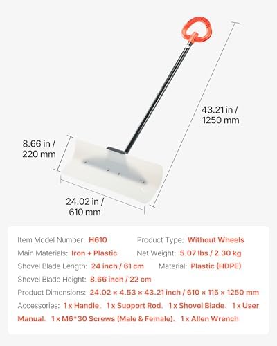 VEVOR Snow Pusher, 24 inch Wide Push Snow Shovel Plow for Driveway, Sidewalks and Doorways with Segmented Handle, Ergonomic Grip and HDPE Plastic Blade