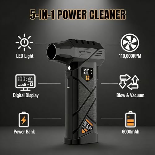 Portable Cordless Car Vacuum & Air Duster, 5-in-1 Mini Cleaner, 110000RPM