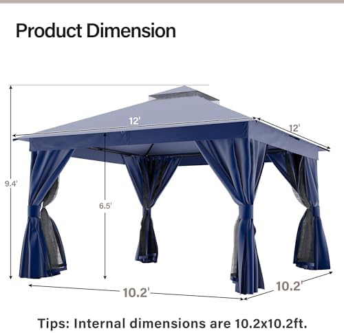 LAUSAINT HOME 12x12 Gazebo with Lights, Netting, Curtains & Double Roof