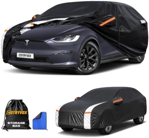 Multi-Layer Custom Fit Car Cover for Tesla Model X (2015-2026), Upgraded Waterproof All-Weather Full Exterior Cover with Charging Port and Door Zipper, for Snow Rain Dust and Sun UV Protection.