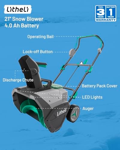 Litheli 2x20V Cordless Snow Blower, 20'' Brushless Electric Snow Thrower with Wheels, 180° Adjustable Chute, LED Lights, Battery & Charger Included, Heavy Duty for Driveway Patio