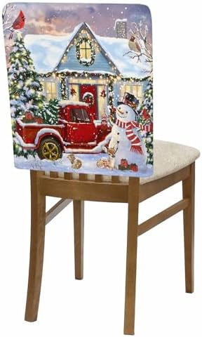 Christmas Snowman Chair Back Covers Set of 6 Winter Snowflake Tree Truck Light Warm House Washable Removable Chair Cover Slipcover Protector for Dining Room Hotel Party Holiday Decor