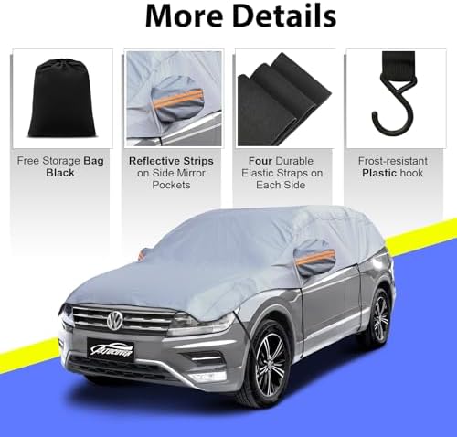 Half Car Cover SUV, Top Cover for Windshield & Sunroof Protection with Cotton Liner, Hail Protector Car Cover Waterproof All Weather for Snow, Sun,Rain,Dust,Size L