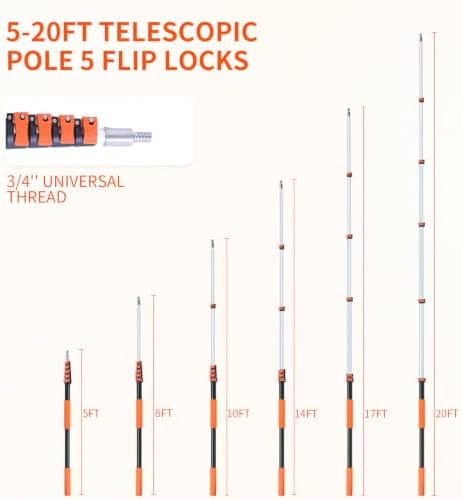 Telescoping Extension Pole 5-12 ft, Reaches 18 ft. Lightweight Aluminum Alloy with Easy Flip-Lock. for Paint Roller, Window Cleaning, Dusting & More