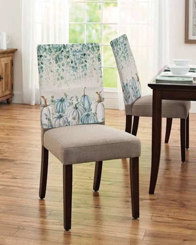 Fall Pumpkin Chair Back Covers Set of 6 Thanksgiving Sage Green Eucalyptus Leaves Watercolor Linen Texture Washable Removable Chair Cover Slipcover Protector for Dining Room Hotel Party Holiday Decor