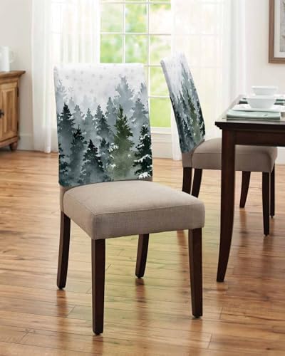 Misty Foggy Trees Chair Back Covers Set of 8 Winter Forest Christmas Snowflake Dark Green Washable Removable Chair Cover Slipcover Protector for Dining Room Hotel Party Holiday Decor